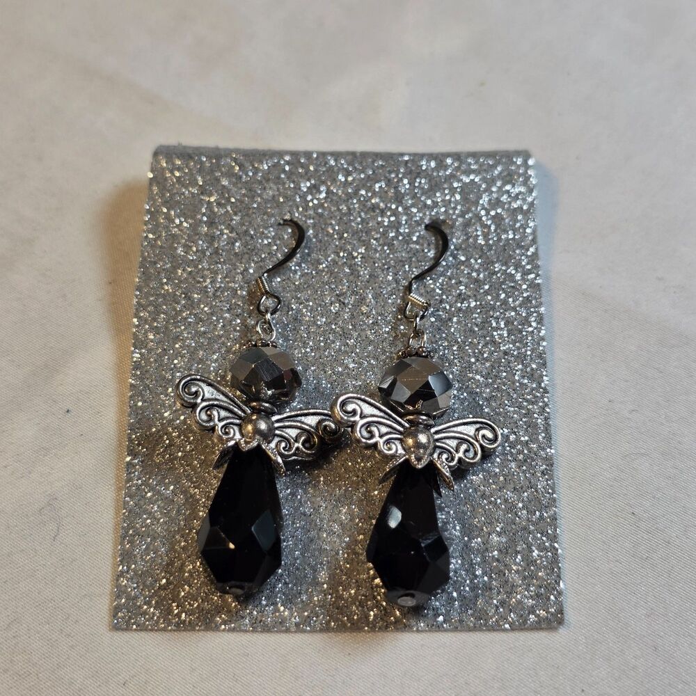Handmade Black Crystal Angel Earrings Silver Tone Dangle Drop Guardian Celestial